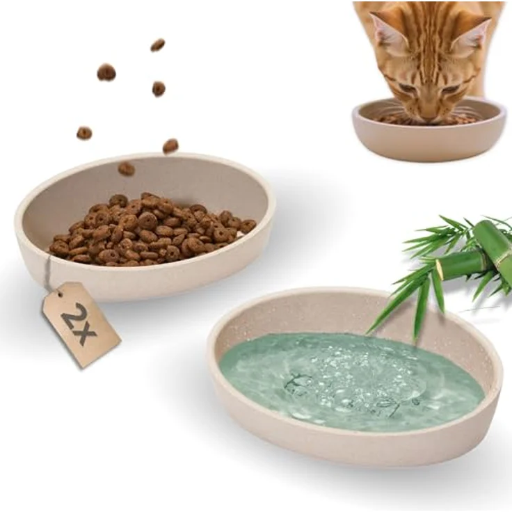 PiuPet® Katzen Napf 2er Set, rutschfeste Futternäpfe spülmaschinengeeignet, flach und breit, 230ml, Beige/Grey – Bild 1