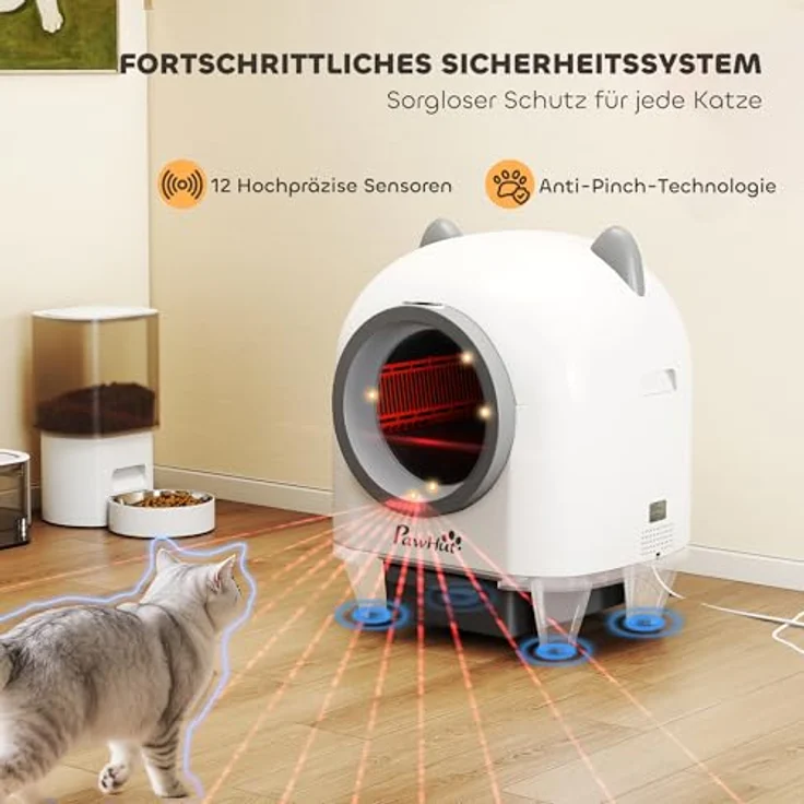 PawHut automatische Katzentoilette mit App-Steuerung, Geruchsbeseitigung und Mülleimer, weiß-grau, für mehrere Katzen – Bild 3