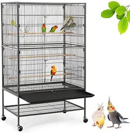 Yaheetech Vogelvoliere, großer Vogelkäfig mit 2 Türen, 3 Holzsitzstangen, 4 Rollen und abnehmbarer Schmutzwanne, 52 x 79 x 132 cm