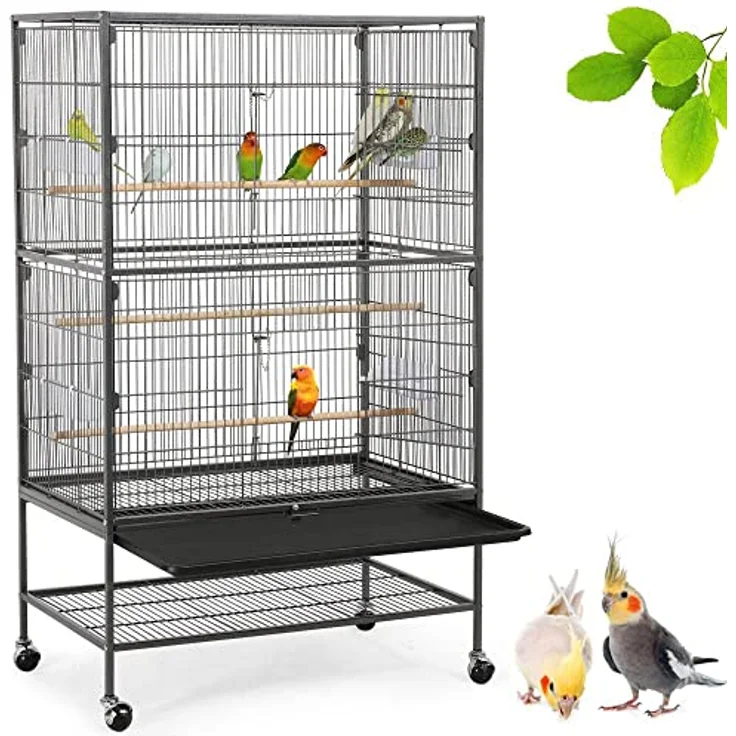 Yaheetech Vogelvoliere, großer Vogelkäfig mit 2 Türen, 3 Holzsitzstangen, 4 Rollen und abnehmbarer Schmutzwanne, 52 x 79 x 132 cm – Bild 1