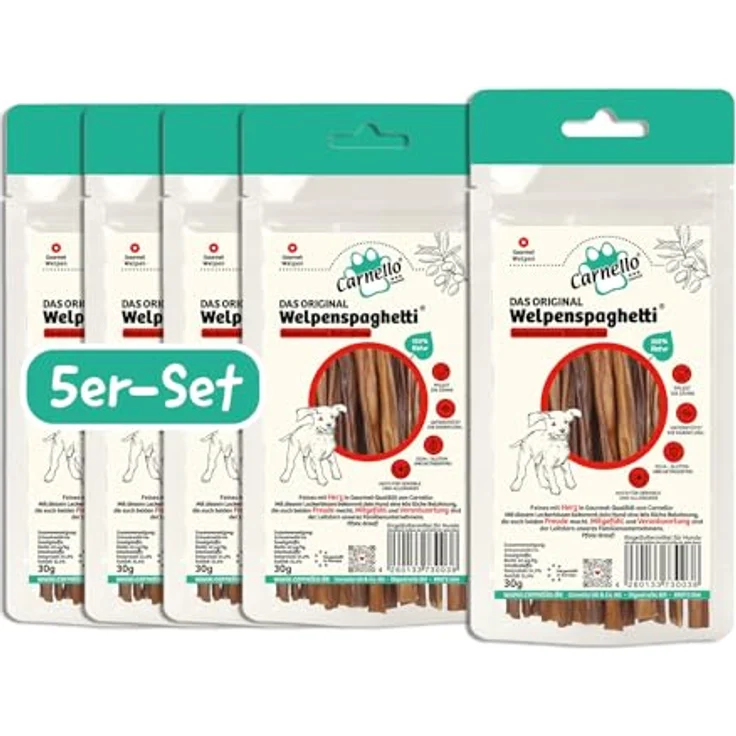 Carnello Welpenspaghetti, Getreidefreier Hundesnack für kleine Hunde, Wiederverschließbarer Beutel (5 x 30g)