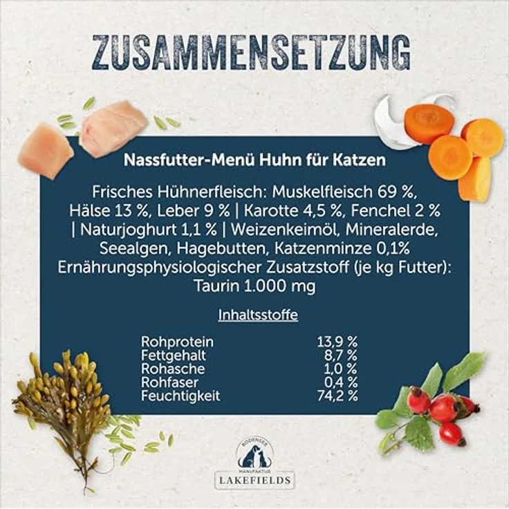 Lakefields Premium Nassfutter für Katzen, Huhn 91% - Getreide- und Zuckerfrei, 6 x 200g, mit Katzenminze, Karotten & Fenchel, Hochwertige Rezeptur aus regionalen Zutaten – Bild 4
