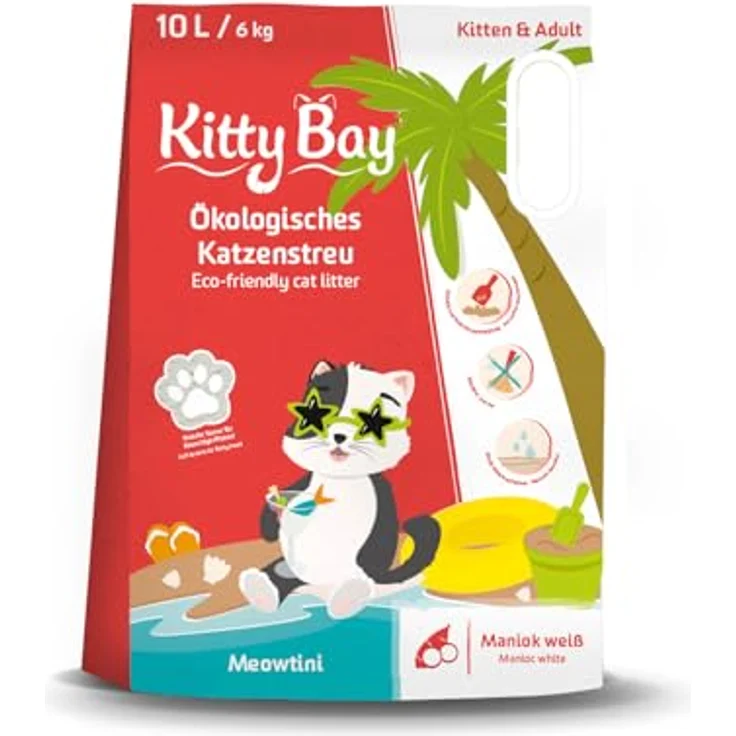 Kitty Bay Meowtini ÖKO Katzenstreu klumpend und staubfrei, Maniok weiß, 10 Liter – 100% Naturmaterialien, biologisch abbaubar, hohe Saugkraft, schnelle Klumpenbildung – Bild 1