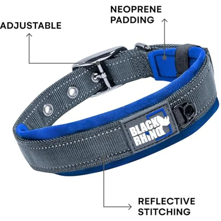 Black Rhino - Das Comfort Halsband Super Weiches Neopren Gepostertes Hundehalsband für alle Hunderassen - Hochbeanspruchbar Verstellbar Reflektierend Wetterfest (Groß, Blau/Schwarz) – Bild 6