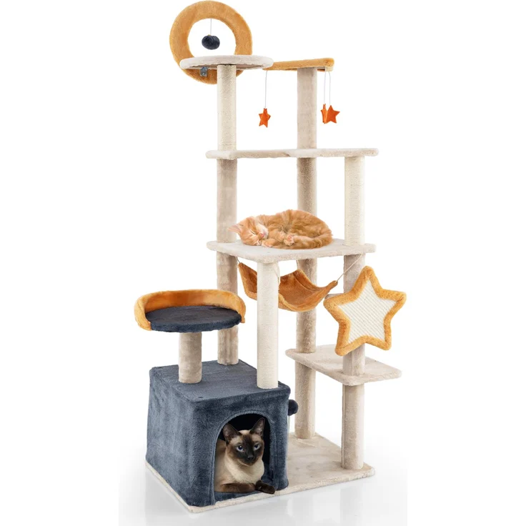 COSTWAY 160 cm Kratzbaum, mehrstöckiger Katzenbaum mit Sisal-Kratzpfosten, Plüschsitz und Hängespielzeug, beige/dunkelgrau/orange