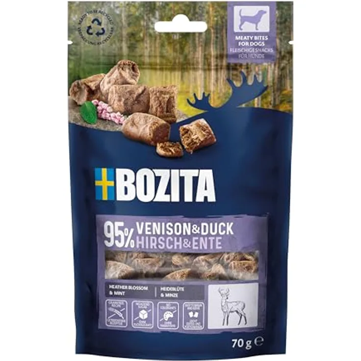 Bozita Meaty Bites Hundesnack, 95% Hirsch & Ente, 70 g, getreidefrei, ohne Huhn & Glyzerin, schmackhafte Dog Treats für Training und Belohnung