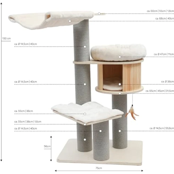 CanadianCat Company Kratzbaum Remy, beige, 130 cm hoch mit Holzhöhle und gepolsterten Liegeflächen – Bild 2