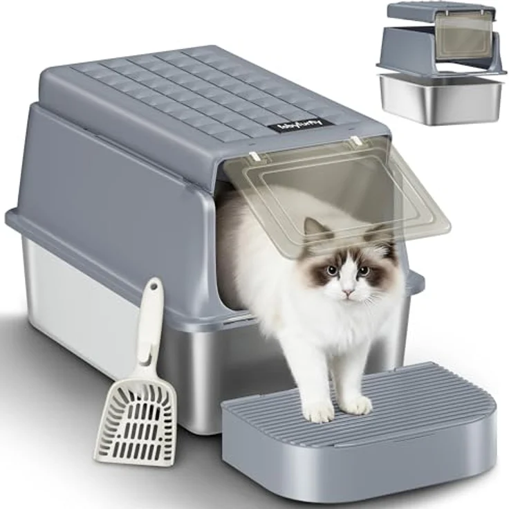Fobyfurny XXL Edelstahl-Katzenklo mit Deckel, geschlossene Katzentoilette mit Schaufel und Fußstufe, herausnehmbar, 120° Klappdeckel, leicht zu reinigen, Dunkelgrau, FPLB001SG2 – Bild 1