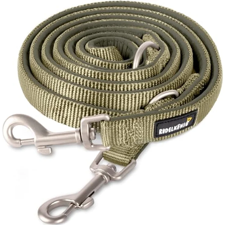 Rudelkönig Führleine Bella, Verstellbare Hundeleine für Kleine Hunde, 2,30m, Khaki-Design mit gepolsterten Kanten und stabilen Metallkarabinern – Bild 1