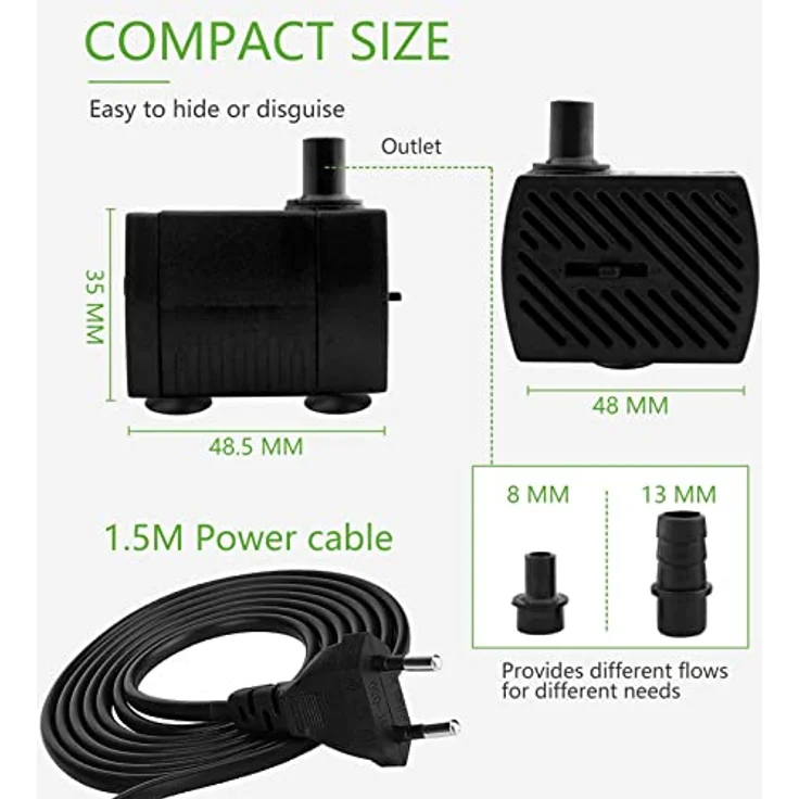 COKDEZ Mini Wasserpumpen, 350L/H, 5W, ultra leise Aquarium pumpe mit 1,5 m Netzkabel, 2 Düsen, ideal für Teich und Hydrokultur – Bild 2