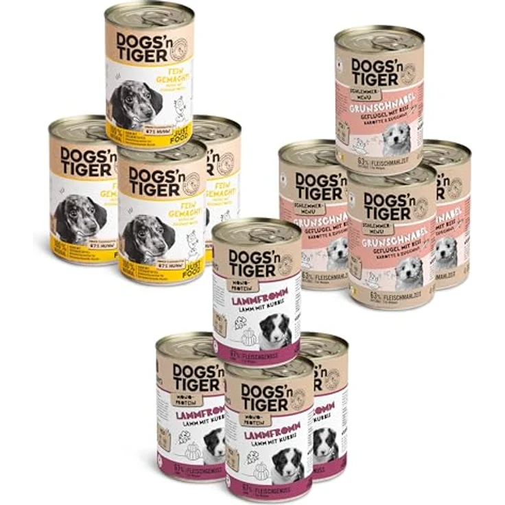 DOGS' n TIGER Dogs’n Tiger Junior Hundefutter, Nassfutter für Welpen, Getreidefrei ohne Zuckerzusatz, Mixpaket Happy Puppy mit Geflügel & Lamm, 12x 400g – Bild 1