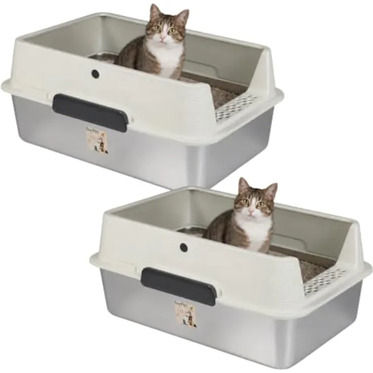 GarPet Katzentoilette 2er Set, XXL Edelstahl Katzenklo mit hohem Rand, silber, 60 x 40 x 26.5 cm