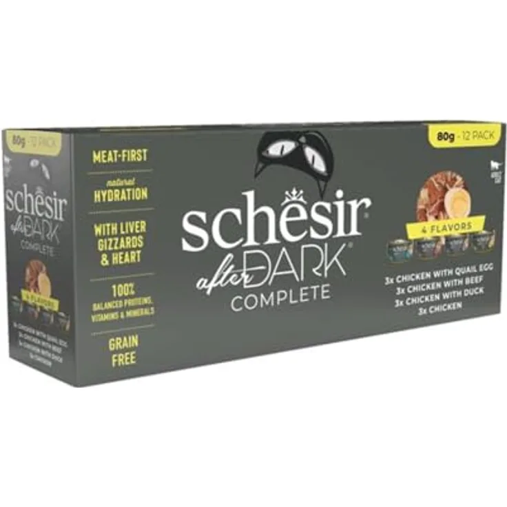 Schesir After Dark, Variety Pack, komplettes Katzen-Nassfutter, 12 Dosen x 80 g, proteinreich mit Huhn und Ente, reich an Flüssigkeit