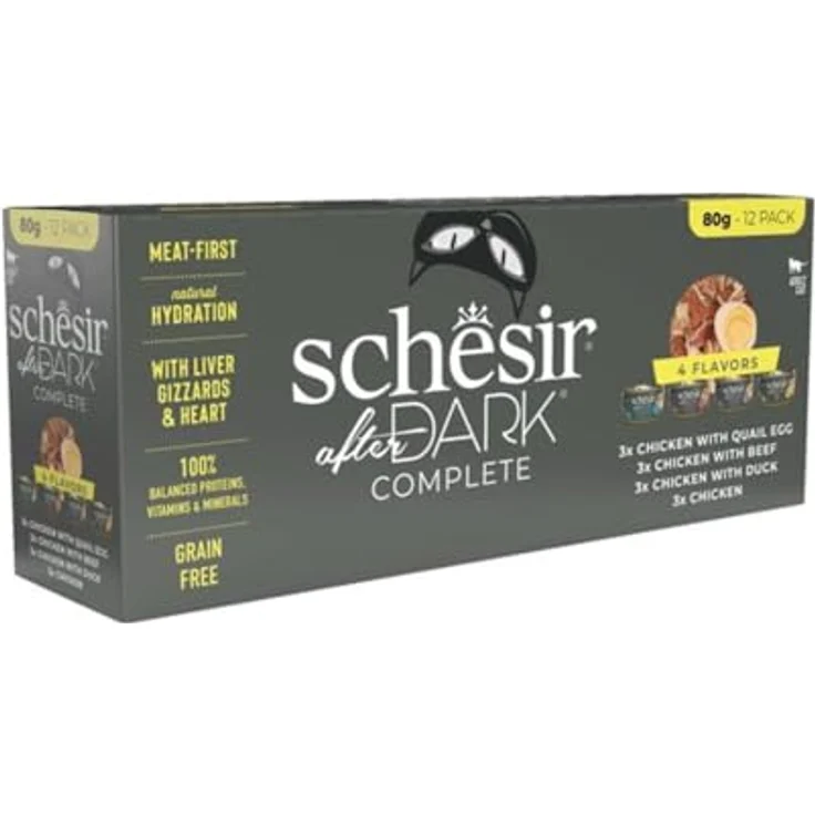 Schesir After Dark, Variety Pack, komplettes Katzen-Nassfutter, 12 Dosen x 80 g, proteinreich mit Huhn und Ente, reich an Flüssigkeit – Bild 1