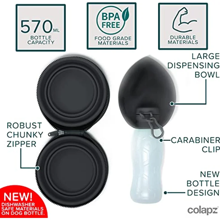 Colapz Napf-Set Zwei faltbare Hundenäpfe mit Hunde Wasserflasche für unterwegs – Bild 5