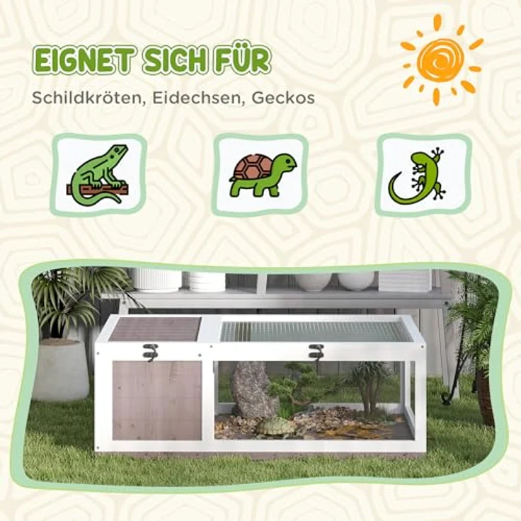 PawHut Kleintierstall Schildkrötengehege, 91x60,5x32 cm, mit aufklappbarem Dach und zwei Zonen für Schildkröten und Eidechsen, Braun – Bild 6
