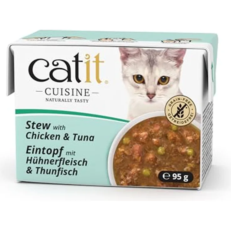 Catit Cuisine Premium Nassfutter für Katzen, Eintopf mit Hühnerfleisch und Thunfisch, getreidefrei, hoher Fleischanteil, 95g