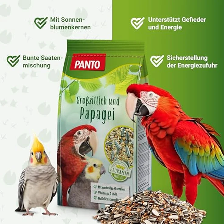 PANTO Großsittich- und Papageienfutter mit Pluramin, 4x2,5 kg - Bunte Saatenmischung mit Sonnenblumenkernen für vitale Ziervögel – Bild 2