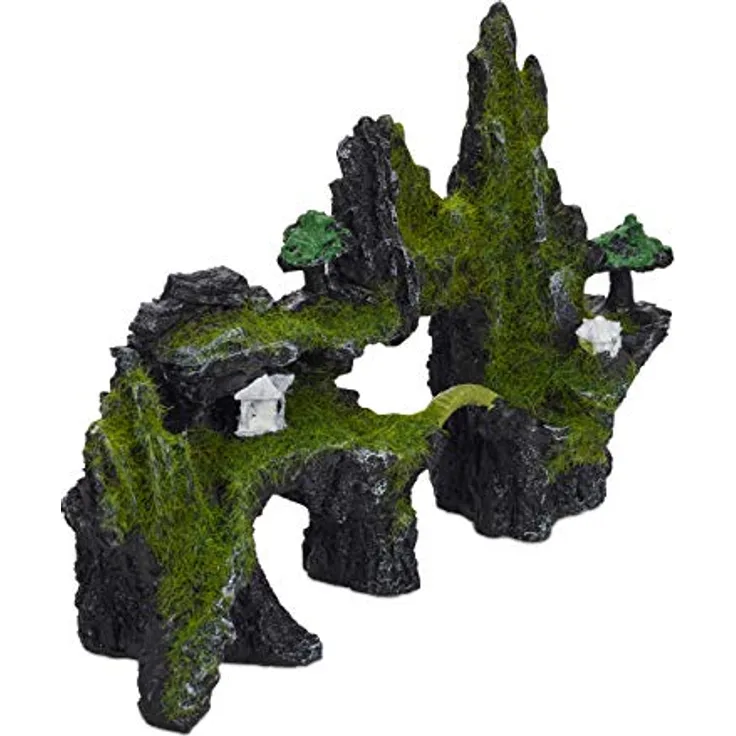 relaxdays Aquariendeko Felsen mit Kunstmoos und Tempel, grau-grün, 17 x 23,5 x 8,5 cm, für Süß- und Salzwasseraquarien