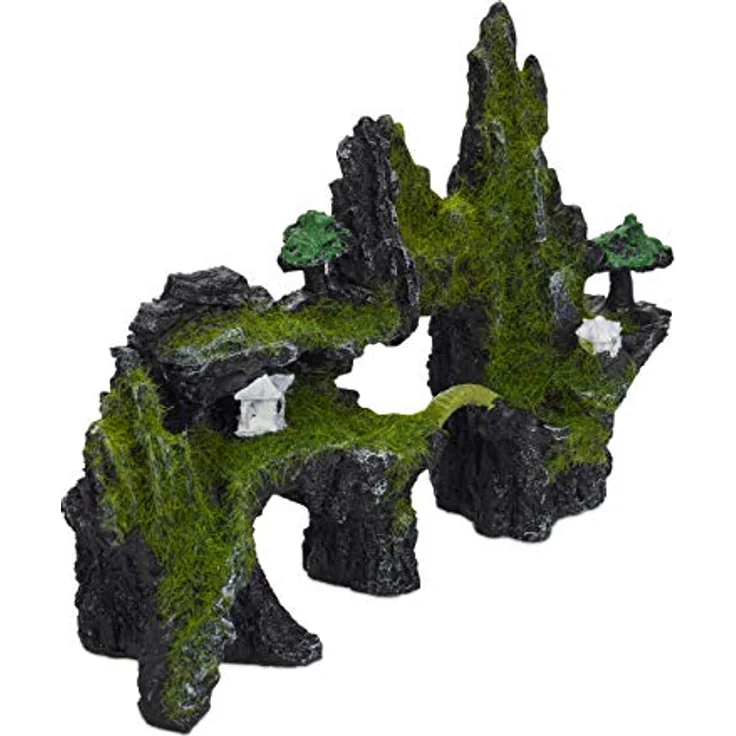 relaxdays Aquariendeko Felsen mit Kunstmoos und Tempel, grau-grün, 17 x 23,5 x 8,5 cm, für Süß- und Salzwasseraquarien – Bild 1