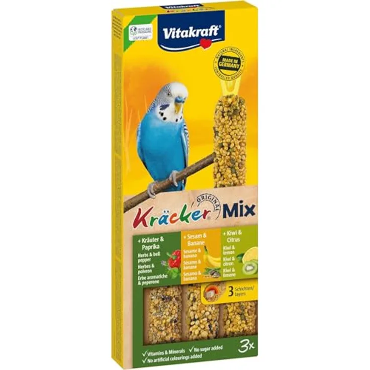 Vitakraft Kräcker Mix, Vogelsnack für Wellensittiche, Knabberstangen mit Kräutern, Paprika, Kiwi, Citrus, Banane und Sesam, ohne Zuckerzusatz, 90g