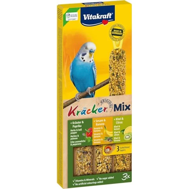 Vitakraft Kräcker Mix, Vogelsnack für Wellensittiche, Knabberstangen mit Kräutern, Paprika, Kiwi, Citrus, Banane und Sesam, ohne Zuckerzusatz, 90g – Bild 1