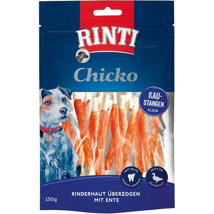 Rinti Chicko Kaustangen mit Ente, 150g, bissfeste Rinderhaut überzogen mit frischem Entenbrustfilet für ausgewachsene Hunde