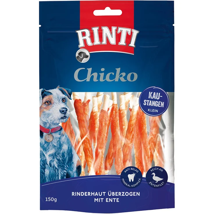 Rinti Chicko Kaustangen mit Ente, 150g, bissfeste Rinderhaut überzogen mit frischem Entenbrustfilet für ausgewachsene Hunde – Bild 1