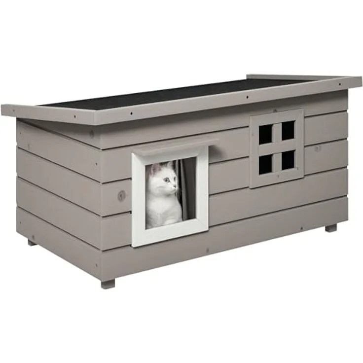 PawHut Katzenhaus aus Holz, wasserdicht mit Asphaltdach, klappbarem Deckel und Fenster, winterfest, 87 x 52 x 44 cm, grau