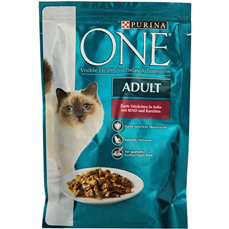 PURINA ONE Adult - Nassfutter für Katzen, Rind & Karotte, 26 x 85 g, unterstützt natürliche Abwehrkräfte und optimale Verdauung
