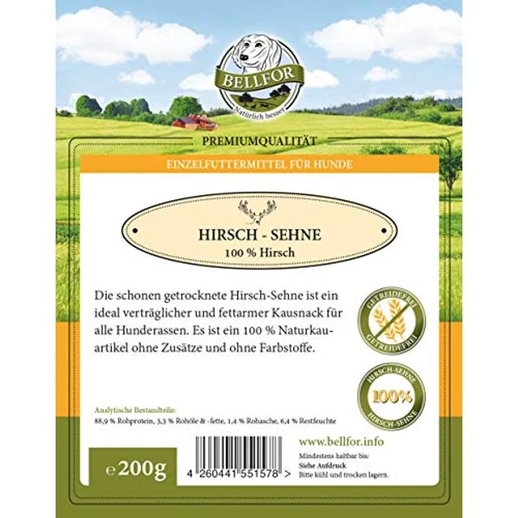 Bellfor Hirsch-Sehne, Kauartikel für Hunde, 200 g, Getreidefreies Leckerli für Welpen und Senioren, Unterstützt Zahnpflege, 100% natürlich – Bild 2