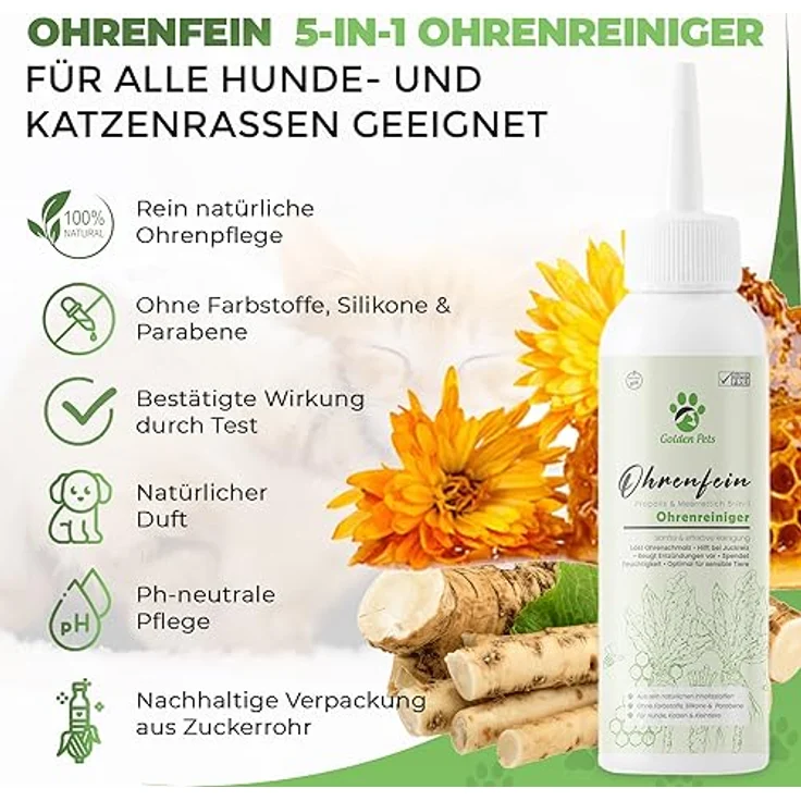 Golden Pets Ohrenreiniger "Ohrenfein", 100% natürliche Ohrenspülung gegen Juckreiz, Entzündung & Ohrenschmalz, 250ml – Bild 4