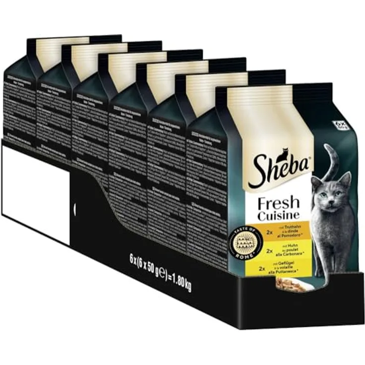 Sheba Portionsbeutel Katzennassfutter Multipack Fresh Cuisine Taste of Rome, 6x50g mit Truthahn und Huhn - Hochwertiges Alleinfuttermittel für ausgewachsene Katzen in Sauce