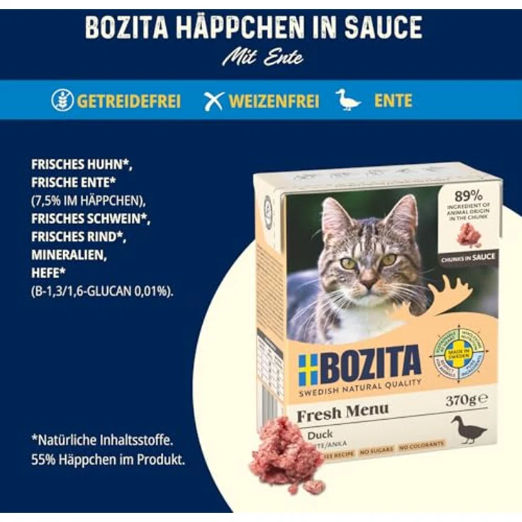 Bozita Tetra Häppchen in Sauce mit DUCK, 6x370g getreidefreies & zuckerfreies Premium-Katzenfutter, 7,5% Protein, ohne Gentechnik, für Feinschmecker – Bild 3