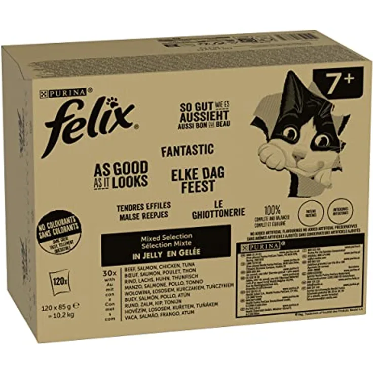 FELIX So gut wie es aussieht Senior Katzenfutter nass in Gelee, Sorten-Mix, 120er Pack (120 x 85g), Rind, Lachs, Huhn, Thunfisch, 100% komplett & ausgewogen