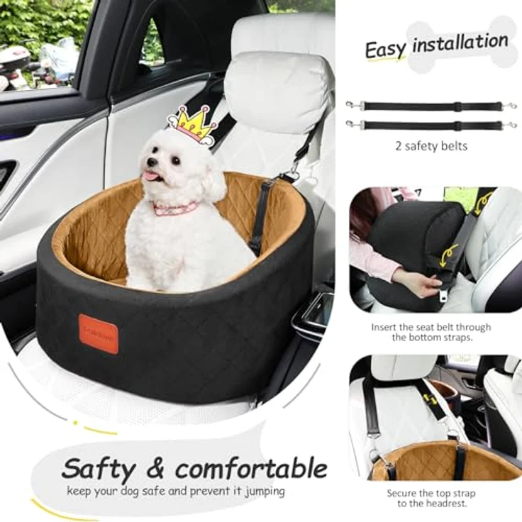 Lealchum Hunde-Autositz, bequemer Haustier-Autositz mit Sicherheitsleinen, waschbares Reise-Autobett mit rutschfester Unterseite (Schwarz/Braun, Small) – Bild 4