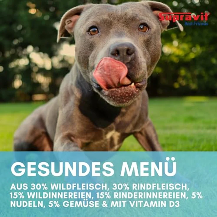Supravit Nassfutter für Hunde, Wildfleisch-Dosenfutter mit hohem Fleischanteil, Gemüse & Nudeln, Set 12 x 410g Dosen – Bild 4