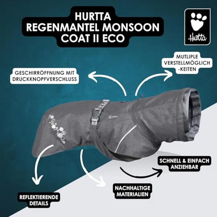 Hurtta Monsoon Coat II Hundemantel ECO, wasserdichter Regenmantel mit verstellbarem Gurtband, BlackBerry, 35 cm – Bild 2