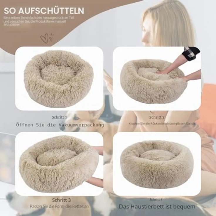 BVAGSS Hundebett Rund, Flauschiges Donut Kuschelkissen aus ultraweichem Plüsch, Waschbar, Durchmesser 80 cm, Hellbraun, für kleine und mittelgroße Hunde und Katzen – Bild 5