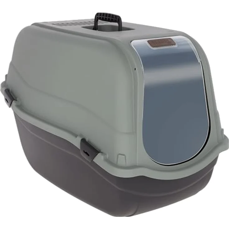 Kerbl Katzentoilette Emma Eco XL, Katzentoilette aus 100 % recyceltem Kunststoff mit Deckel, 65x44x46 cm, schwarz/grüngrau, inkl. Tür und Geruchsfilter – Bild 1