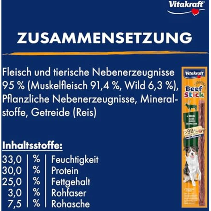 Vitakraft Beef Stick Wild, Hundeleckerli ohne Zuckerzusatz, 90% Fleischanteil, 12g – Bild 4