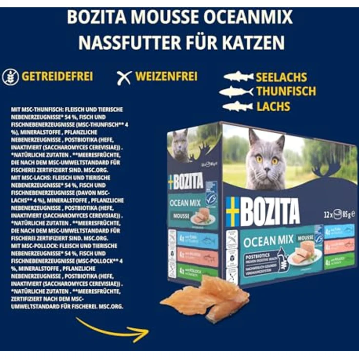 Bozita Mousse Mixed Ocean, Katzen-Nassfutter mit MSC-Thunfisch, MSC-Lachs und MSC-Seelachs, 12x85g, getreidefrei – Bild 3
