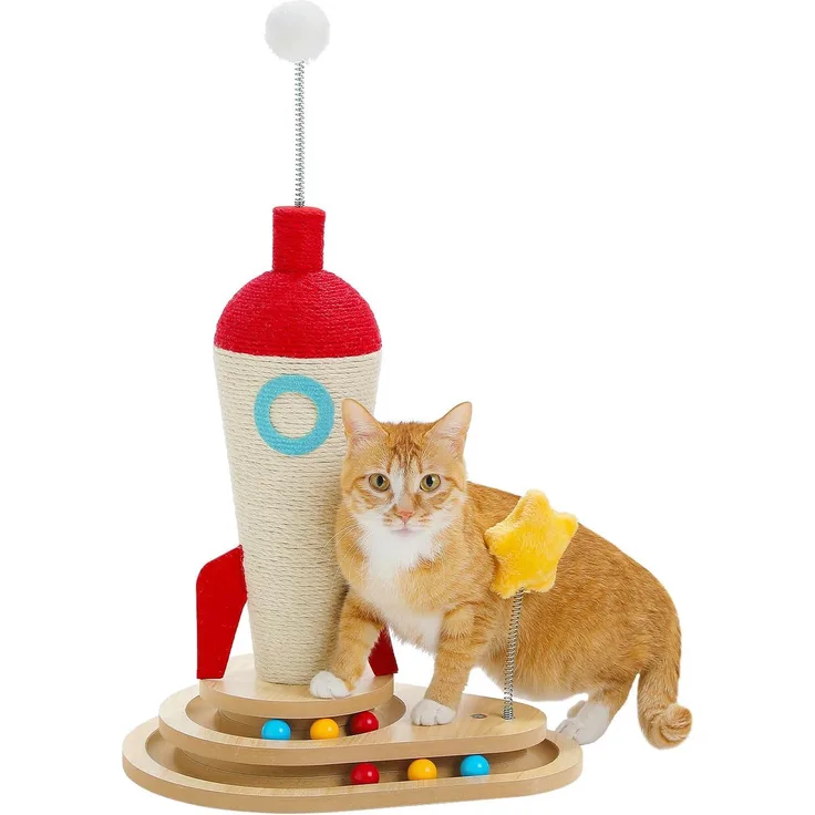 PURPURRA Kratzsäule Rocket, Kratzstamm mit Kugelbahn und Sisal, 45 cm, für Katzen mit stabilem Massivholz und naturfreundlichem Design