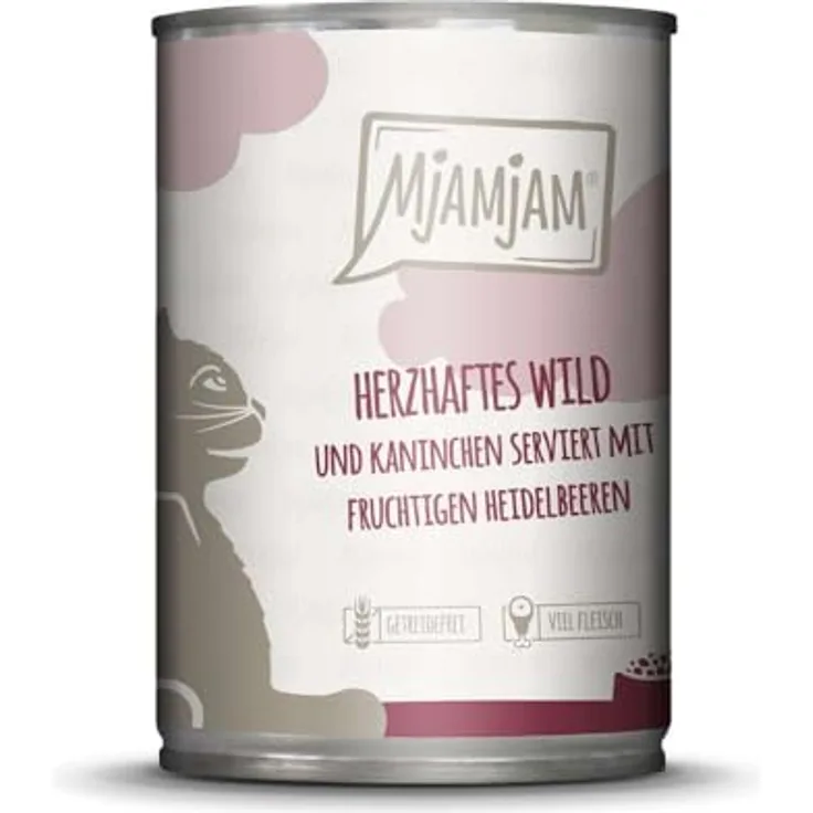 MjAMjAM Katzen Nassfutter Herzhaftes Wild & Kaninchen mit fruchtigen Heidelbeeren, 6 x 400g, hoher Fleischanteil