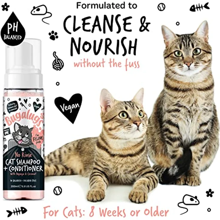 Bugalugs Katzenshampoo 2 in 1 ohne Wasser, pH-neutral, 200ml, Papaya und Kokosduft, für wasserscheue Katzen – Bild 9