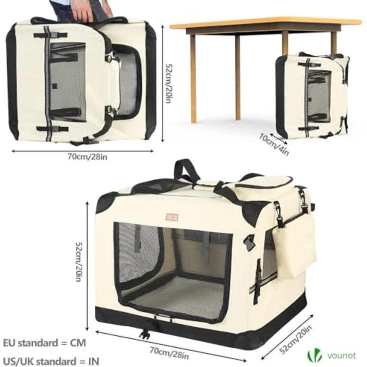 VOUNOT Faltbare Hundebox, Transportbox für Katzen und Hunde, atmungsaktiv, Oxford-Gewebe, Metallrahmen, 2 Taschen, 70x52x52cm, Beige – Bild 4