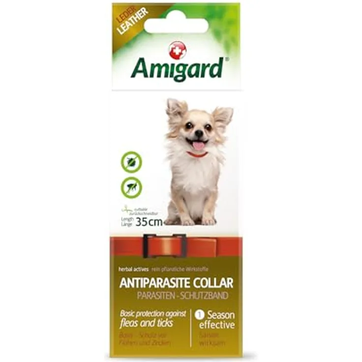 Amigard Antiparasitenband für Hunde, 35 cm, wasserfest, zurückschneidbar, ohne Chemie, für natürlichen Schutz gegen Zecken, Milben und Flöhe