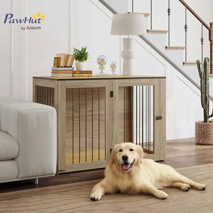 PawHut Hundekäfig Möbel, moderne Stahl Hundebox mit Türen und Fenster, geeignet für große Hunde bis 30 kg, Eiche, 106 x 60 x 76 cm – Bild 2