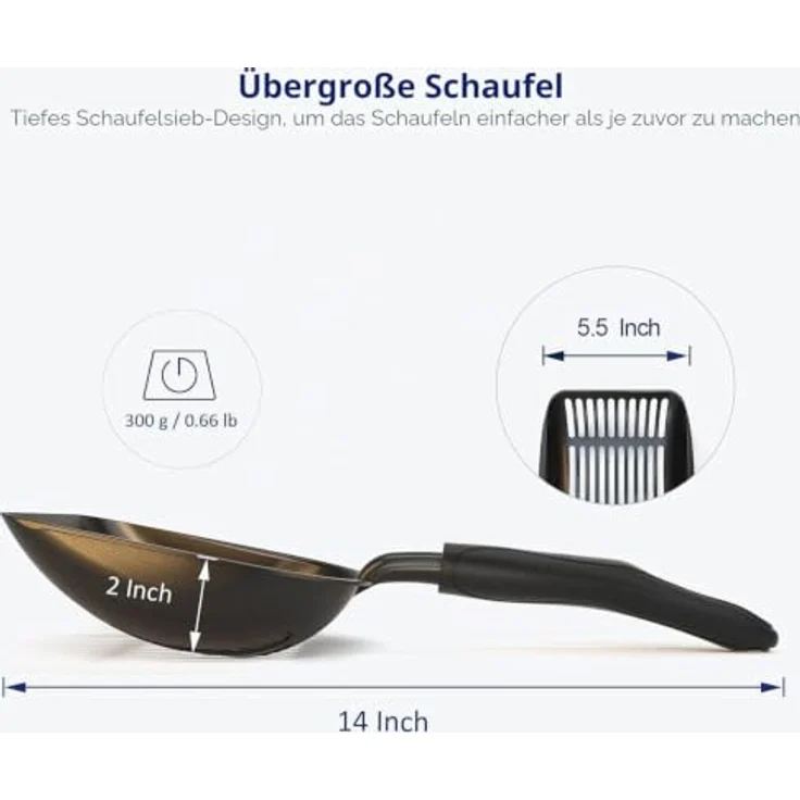 WePet Katzenstreuschaufel, Aluminium-Siebschaufel mit tiefem Design und langem Griff, Größe L, schwarzer Griff – Bild 5