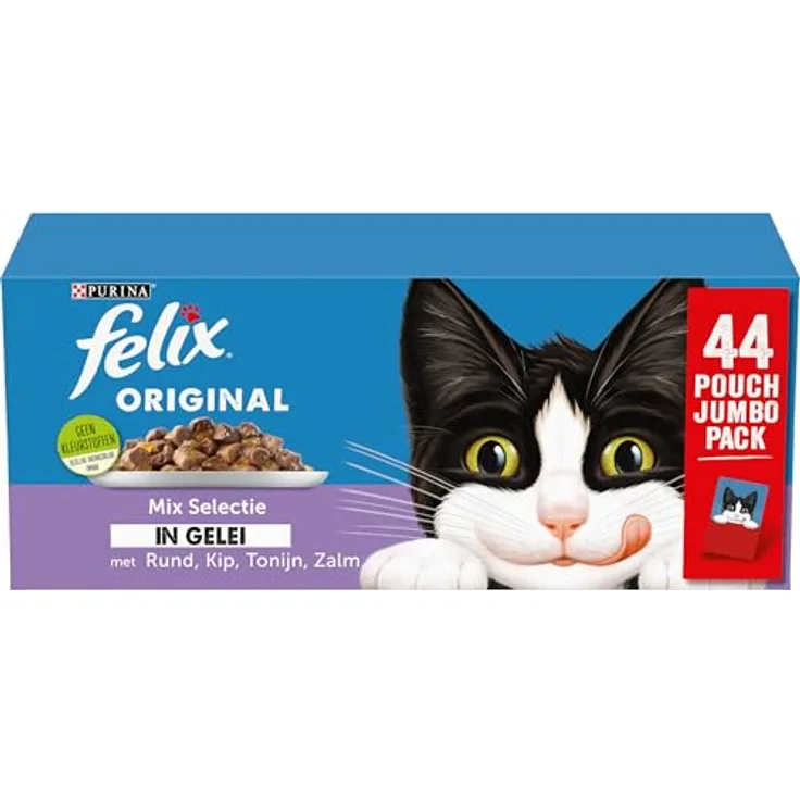 Felix Mix Auswahl in Gelee, Katzen-Nassfutter Mahlzeitenbeutel mit Huhn, Lachs & Thunfisch, 44 x 85g (3,7kg)